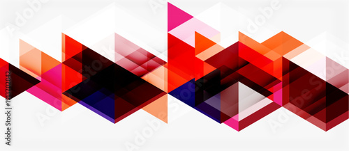 Abstract geometric pattern. Triangles overlap, creating dynamic visual texture. Red, pink, purple hues dominate white background.
