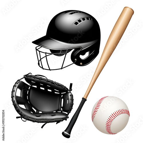 Baseball set in the form of helmet, bat, ball and glove. Isolated on white background
