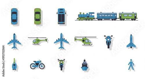 Collection of various transportation vehicles and modes of travel.