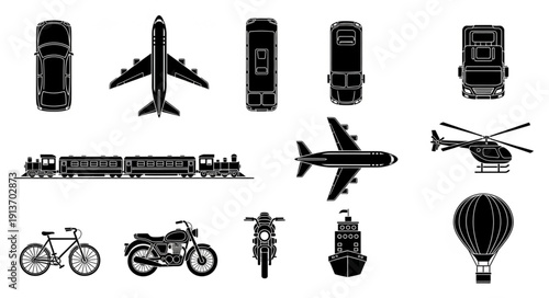 Collection of various transportation vehicles and modes of travel.