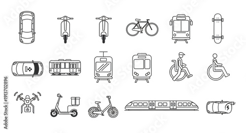 Collection of various transportation vehicles and symbols.