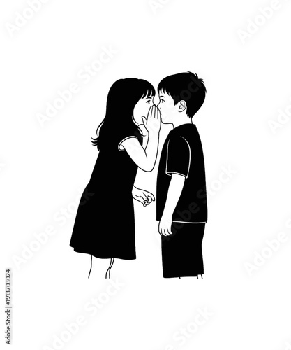 Black and white illustration of children whispering secrets, playful moment, minimalist art style