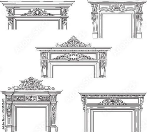 Vintage Ornamental Fireplace Mantel Set Engraving Style Architectural Interior Decor Classic Hand Drawn Illustration Collection