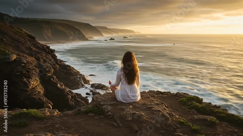 Meditating woman on rocky cliff overlooking crashing waves at sunset, peaceful scene