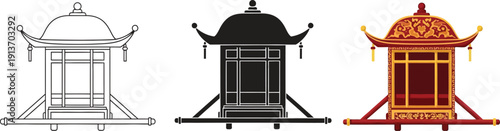 Collection of sedan chair icons in outline black and colorful styles representing traditional transportation and cultural heritage for design