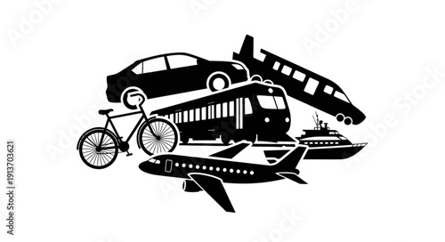 Collection of various transportation vehicles in silhouette form.