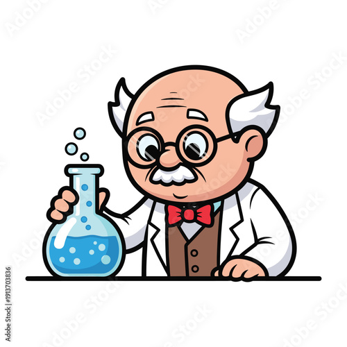 Mad scientist conducting experiment with glowing blue liquid vector illustration