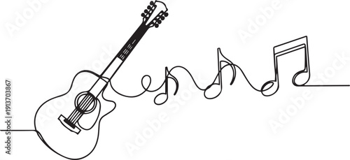 Acoustic guitar with flowing musical notes in continuous line style musical instrument
