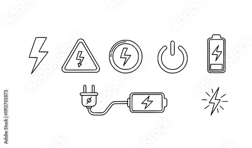Electric Power Outline Icons Lightning Energy Symbol Vector Set on White Background