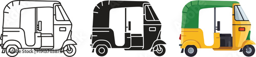 Collection of auto rickshaw icons in outline silhouette and color vector styles representing urban transport and travel concepts