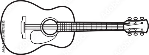 Black and white line acoustic guitar with six strings and tuning pegs musical instrument string instrument