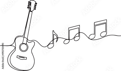 Acoustic guitar with flowing musical notes in continuous line style sound