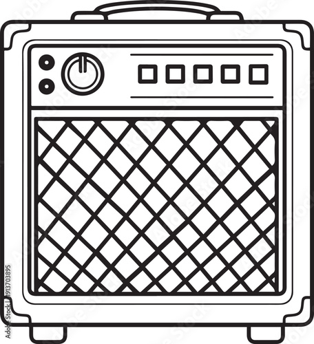 Black and white outline of a vintage guitar amplifier with a speaker grille and control panel music audio