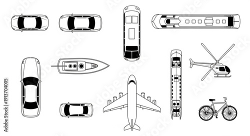 Collection of various transportation vehicles viewed from above.