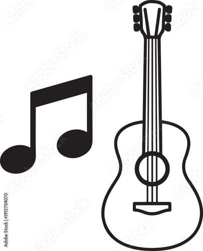 Black outline acoustic guitar and musical notes on white background musical instrument