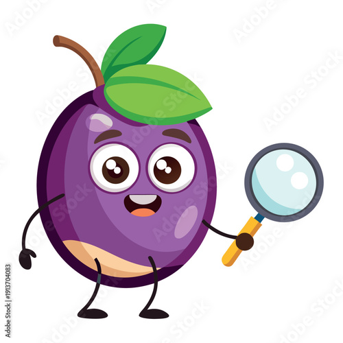 Cartoon plum character investigating with magnifying glass