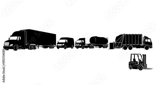 Collection of various truck silhouettes and a forklift.