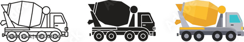 Set of concrete mixer truck icons including outline silhouette and color vector illustrations for construction and industry concepts