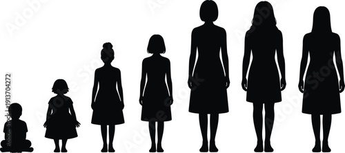 Female growth stages silhouette set, child to adult height comparison, woman age progression chart, black vector illustration