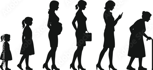 Woman life cycle silhouette stages, girl to elderly aging concept, female age progression, human timeline, black vector illustration