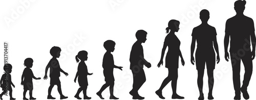 Human life stages silhouettes from childhood to adulthood walking sequence isolated on white background vector illustration
