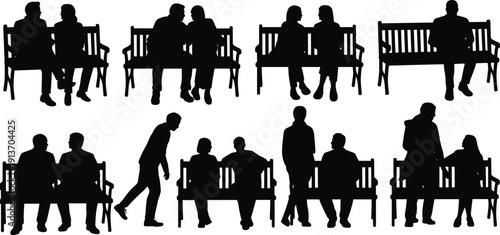 Couple sitting on park bench silhouettes showing romantic, elderly and social interaction scenes isolated on white background vector illustration