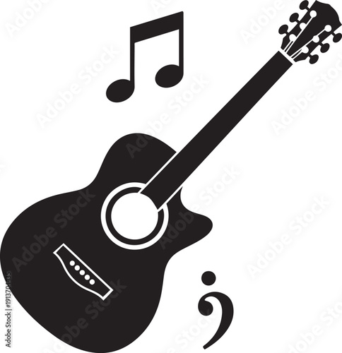 Black silhouette of an acoustic guitar with musical notes and a bass clef symbol musical instrument