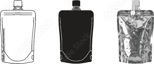 Set of three flexible pouch packaging designs including outline solid black and metallic foil for product mockups and branding