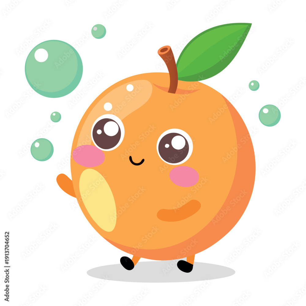 Obraz premium Cute cartoon peach character with green leaf and bubbles