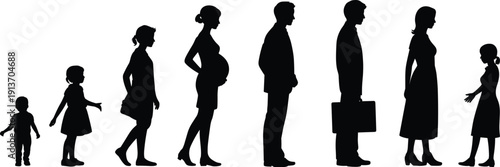 Family life stages silhouettes illustration showing boy, girl, pregnancy, working man and woman progression isolated white background vector