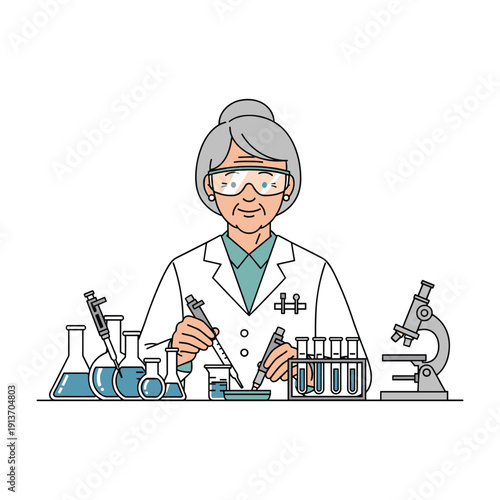 Female Scientist Conducting Experiment in Laboratory Setting Flat Design Vector Illustration