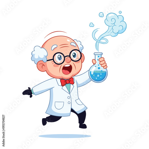 Mad scientist conducting experiment with bubbling flask vector illustration