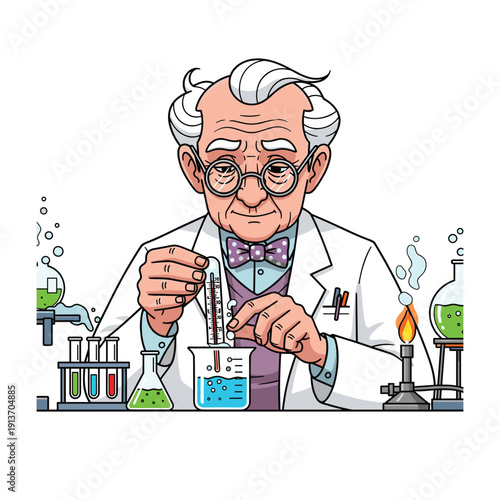 Elderly scientist conducting chemistry experiment in lab vector illustration