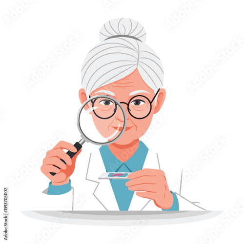 Elderly scientist examining document with magnifying glass vector illustration