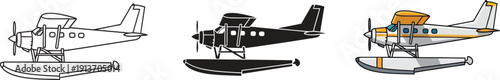 Collection of seaplane illustrations including line art silhouette and colored versions ideal for travel or aviation concepts