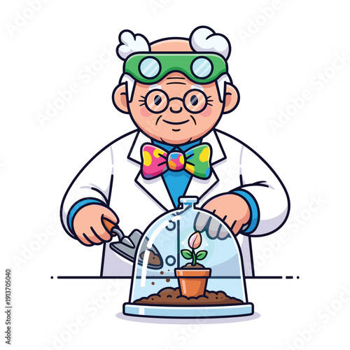 Mad scientist conducting experiment with colorful chemicals vector illustration