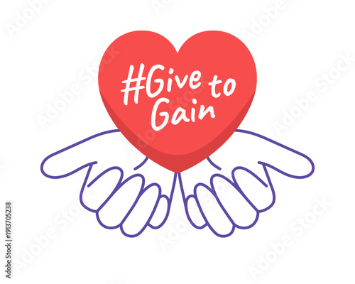 Give To Gain. An action dedicated to International Women's Day 2026. Hands give away the heart.