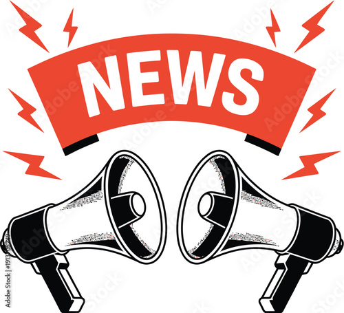 Two black megaphones with red news banner and lightning bolts
