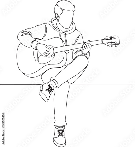 Line of a young person sitting and playing an acoustic guitar playing guitar musician