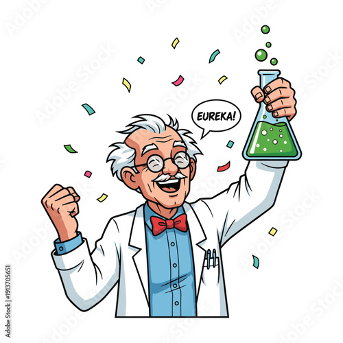 Scientist celebrating discovery with eureka moment vector illustration flat design