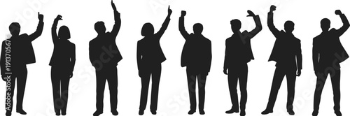 Business people celebration silhouettes set, men and women raising hands success victory teamwork concept isolated flat vector illustration