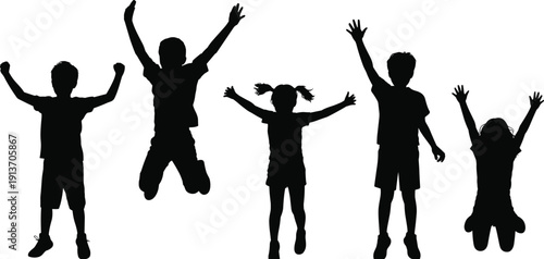 Happy jumping children silhouette set, celebrating freedom play energy fun diverse kids poses isolated white background flat vector illustration design