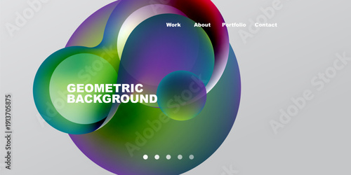 Abstract colorful shapes overlap. Text reads Geometric Background, plus menu options Work, About, Portfolio, Contact. Dots indicate navigation.