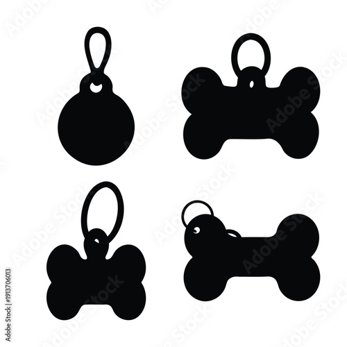 A collection of pet identification tags including bone and circular shapes silhouette on white