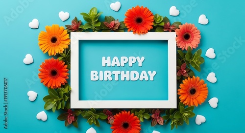 Happy Birthday Floral Frame with Colorful Flowers and Hearts on Blue Background