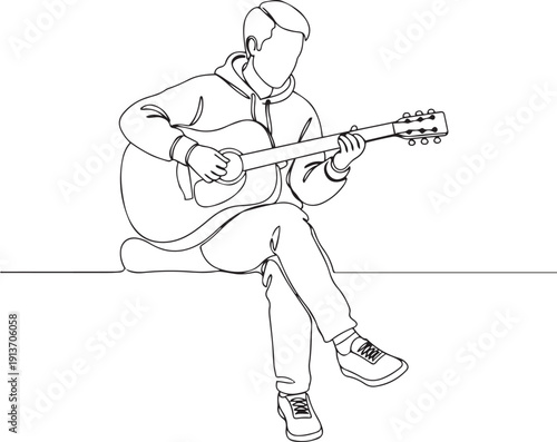 Single line of a person playing an acoustic guitar sitting down playing guitar musician