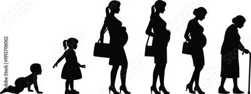 Pregnant woman life cycle silhouette set showing female growth from baby girl to elderly woman isolated on white background