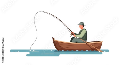 Side view vector illustration of a man in a vest and hat sitting in a wooden boat, holding a fishing rod with a bent line on the water.
