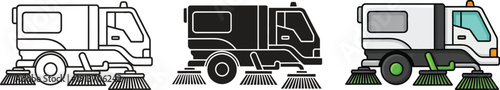 Collection of street sweeper icons in outline silhouette and color styles representing urban cleaning services and municipal vehicles