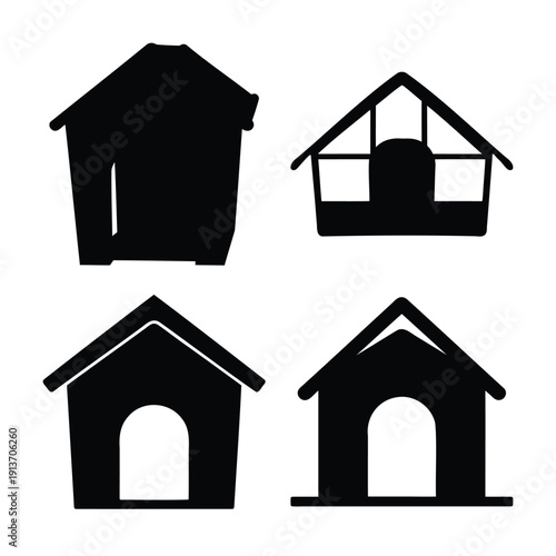 Collection of four distinct black dog house silhouette icons on a clean white background, depicting various styles